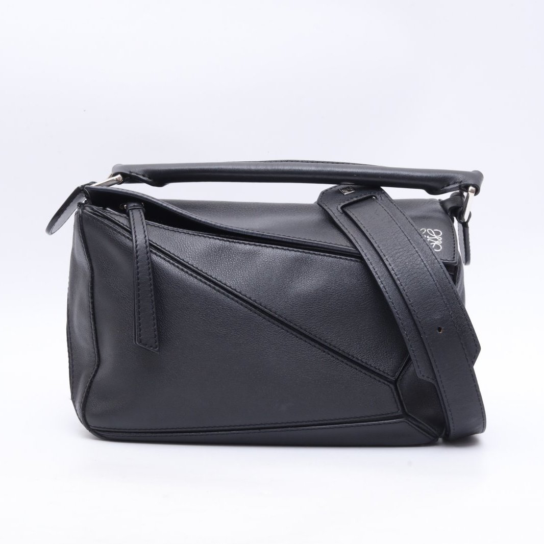 99新 LOEWE/罗意威 小花黑黑Puzzle 24 几何包 小号 黑色 皮革C 