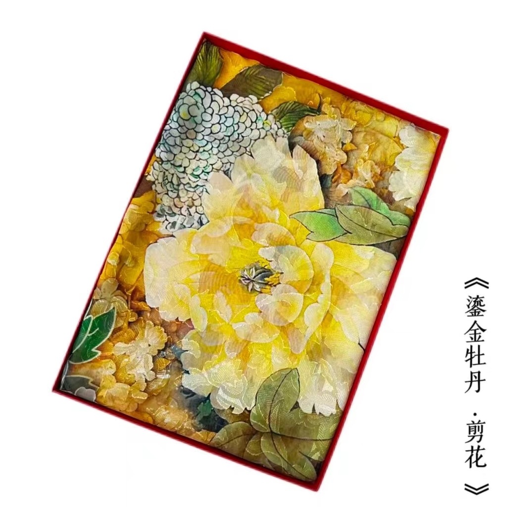鎏金牡丹 剪花工艺 镂空 提花香韵纱 180*70长巾