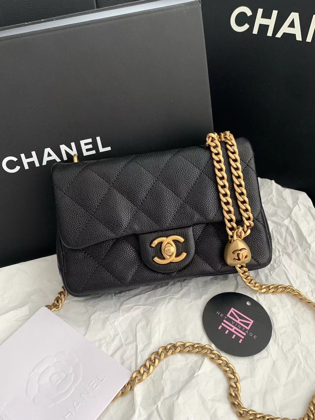 99新 Chanel/香奈儿 黑金爱心金球鱼子酱cf大mini包 13535610