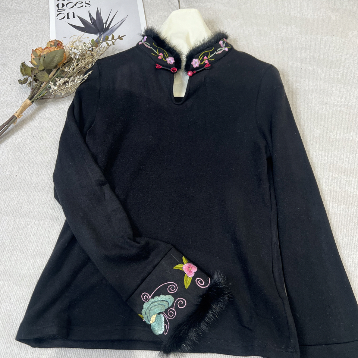 新中式立领国风刺绣秋冬加绒水貂毛打底衫1367