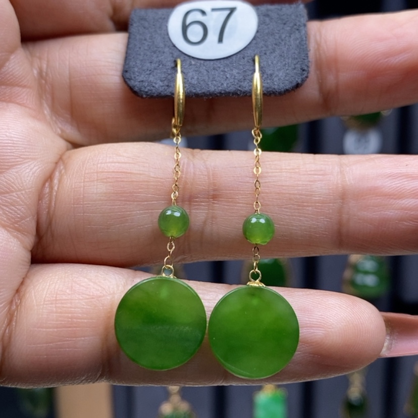 【闪购商品】和田玉耳饰18K金镶嵌12.4x3.3mm圆牌长耳饰