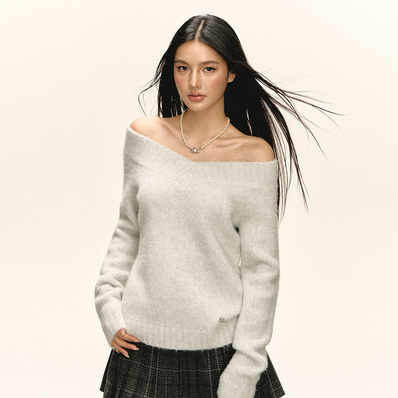 Ariseism 美式复古一字肩针织毛衣女秋季新款修身上衣