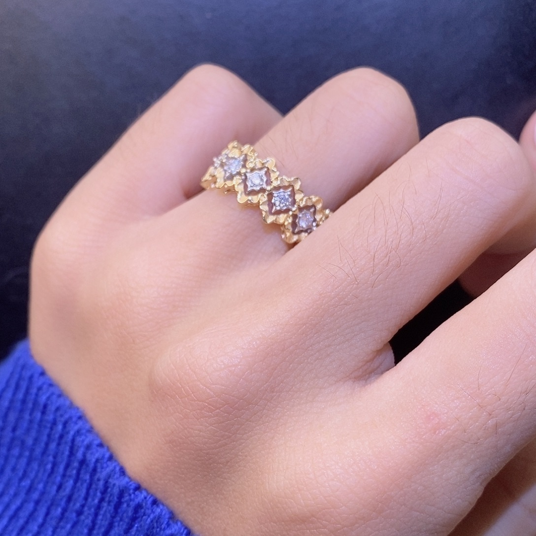 钻石18K金镶嵌戒指/指环菱形蕾丝窄版双色