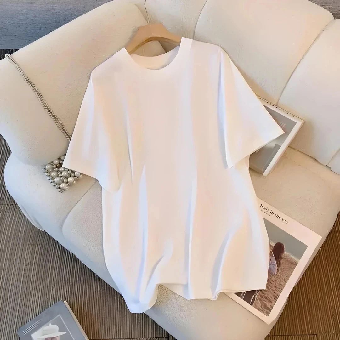 杂志风圆领T恤短袖时尚常规款刺绣百搭中长款白色