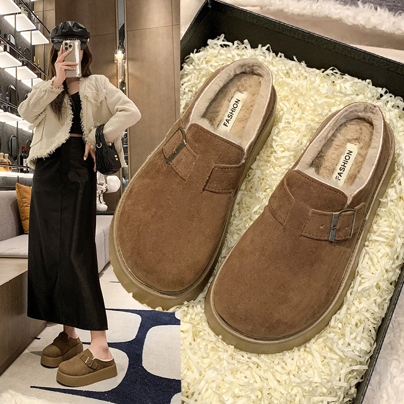大码女鞋41-43胖脚复古厚底包头半拖鞋女秋冬外穿加绒勃肯托拖鞋