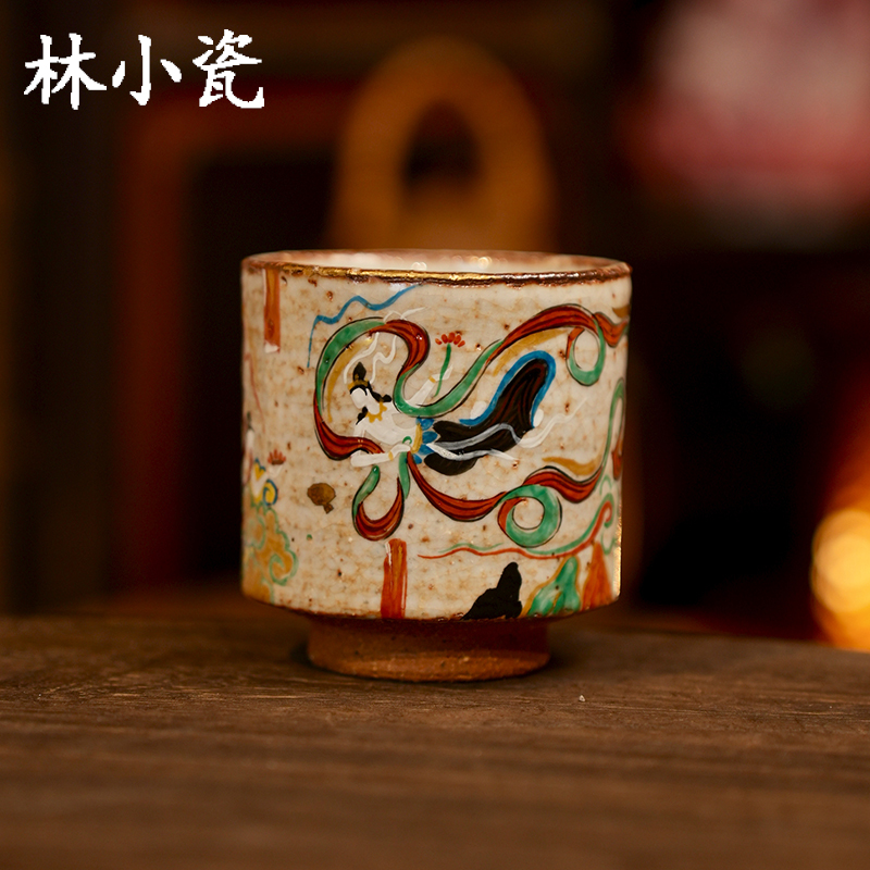 林小瓷九觉堂手绘敦煌飞天茶杯直筒杯匣钵志野柴烧茶具手拉