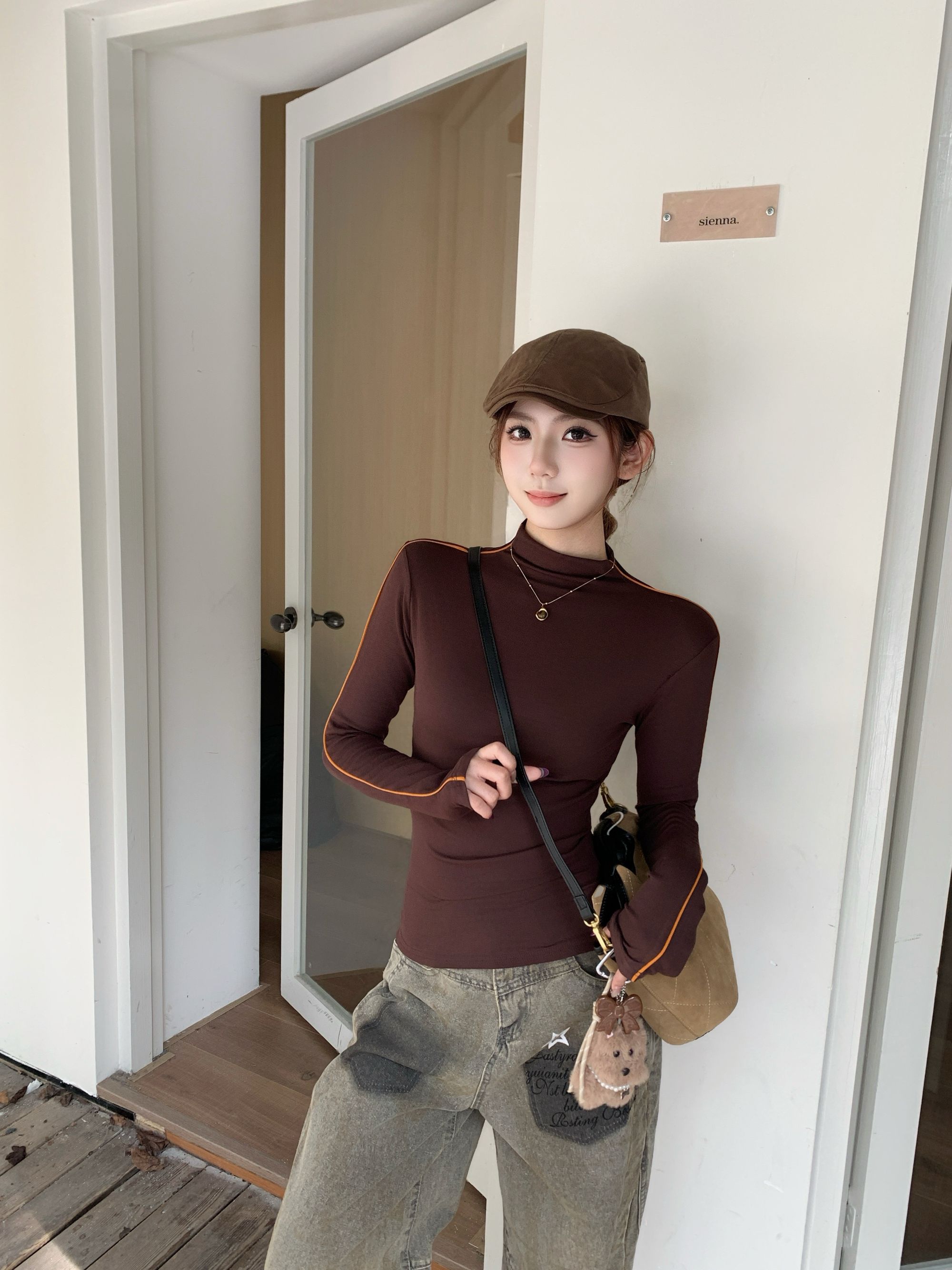 百搭撞色磨毛加绒高领打底衫女秋冬长袖修身t显瘦内搭打底上衣