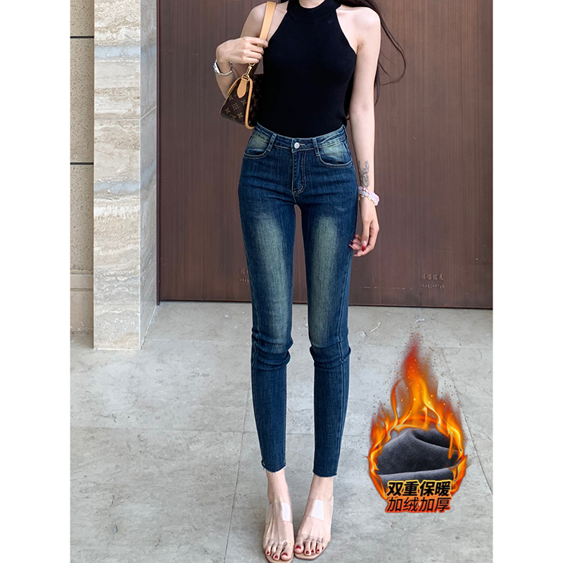 复古磨白加绒高腰小脚牛仔裤女2025年冬季新款紧身显腿细铅笔裤