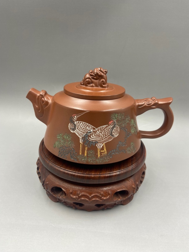 钦州坭兴陶茶壶泥壶瑞兽将军壶茶具原色彩绘系列松鹤容量260cc