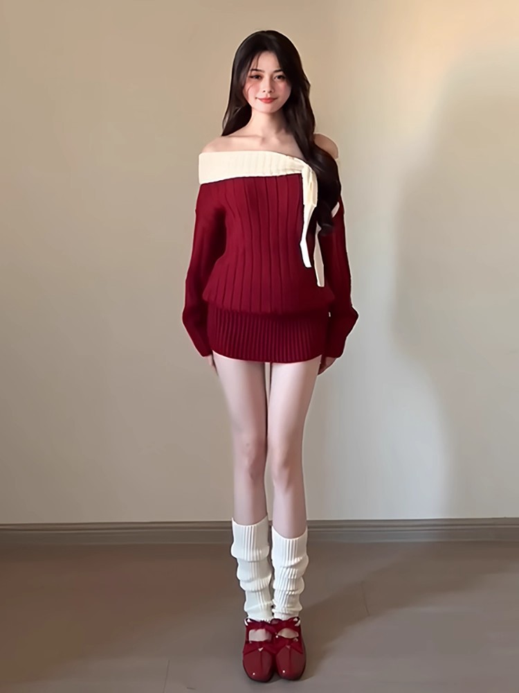 绝美一字肩拼色针织裙女秋冬红色圣诞穿搭连衣裙收腰包臀显瘦短裙