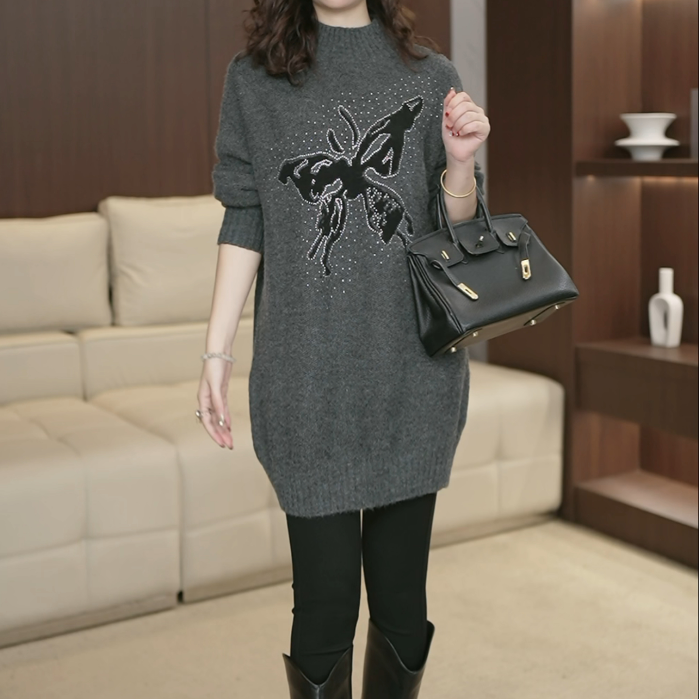 胖mm半高领女秋冬加厚中长款毛衣遮屁股针织衫打底衫3719