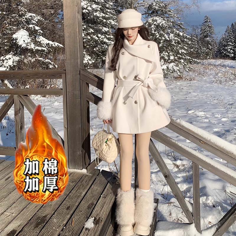 【加棉加厚】【含腰带】袖口毛毛外套女秋冬纯色上衣QJ0207