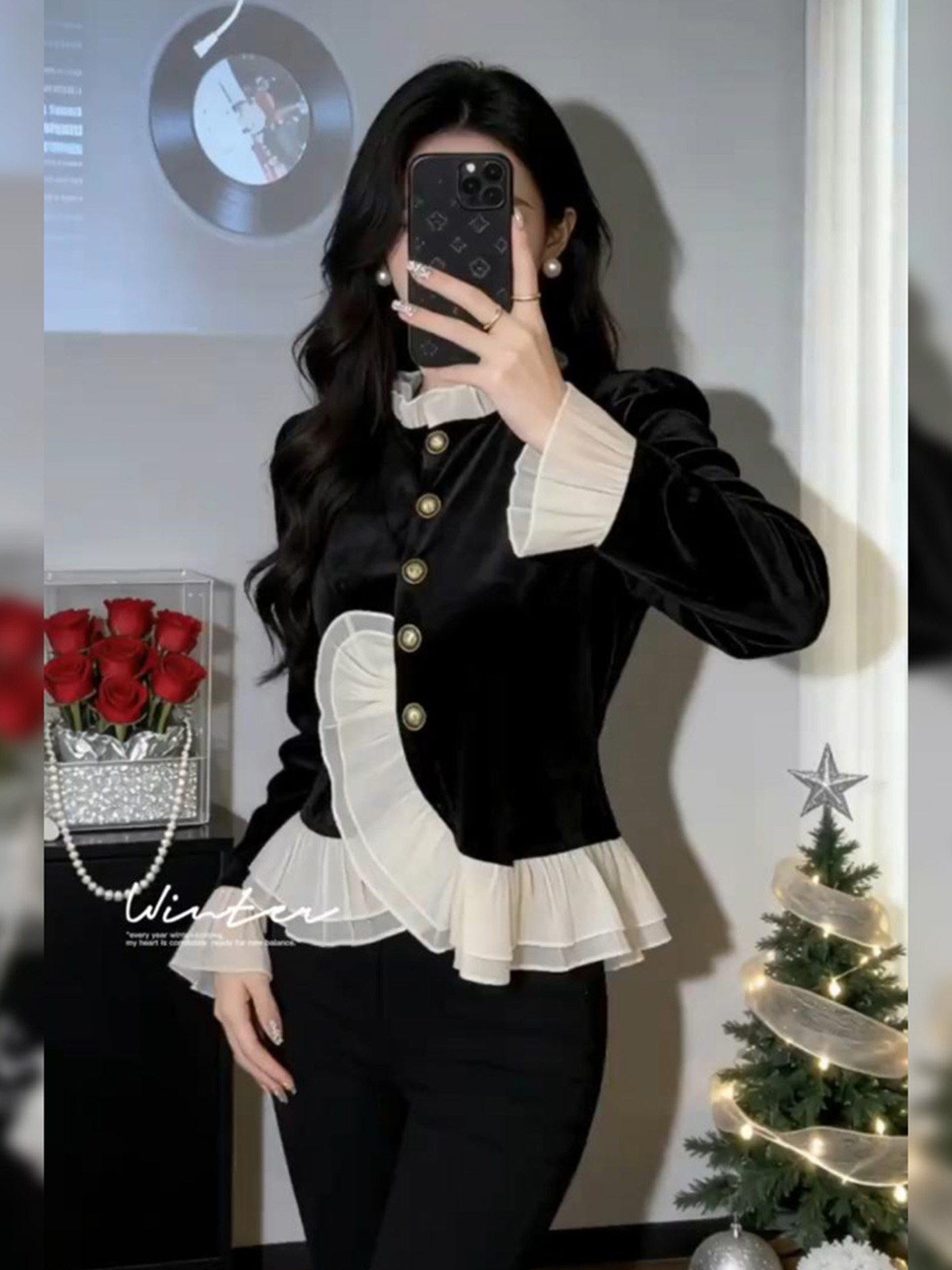 时髦长袖黑色短款轻奢显瘦衬衫上衣2025秋冬新款拼接小衫衬衣女装