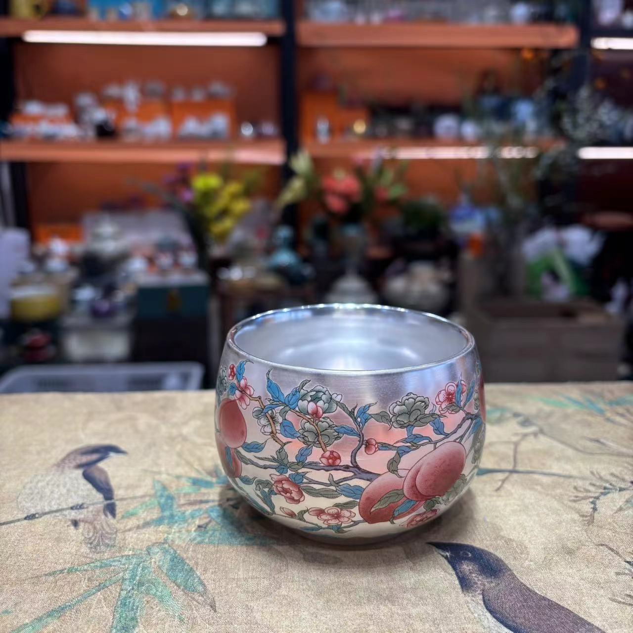 陶子茶具 瓷胎包银九桃五福鎏银主人杯茶杯品茗杯-2566