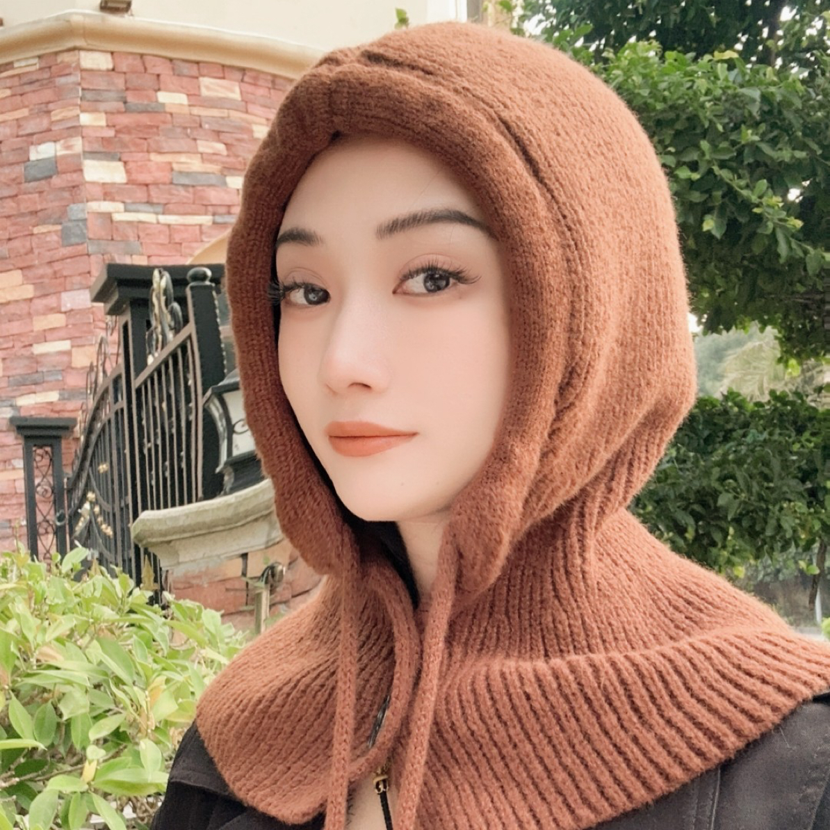 【新款】针织克拉克拉法帽带纽扣女冬季韩版保暖护耳包头帽加厚