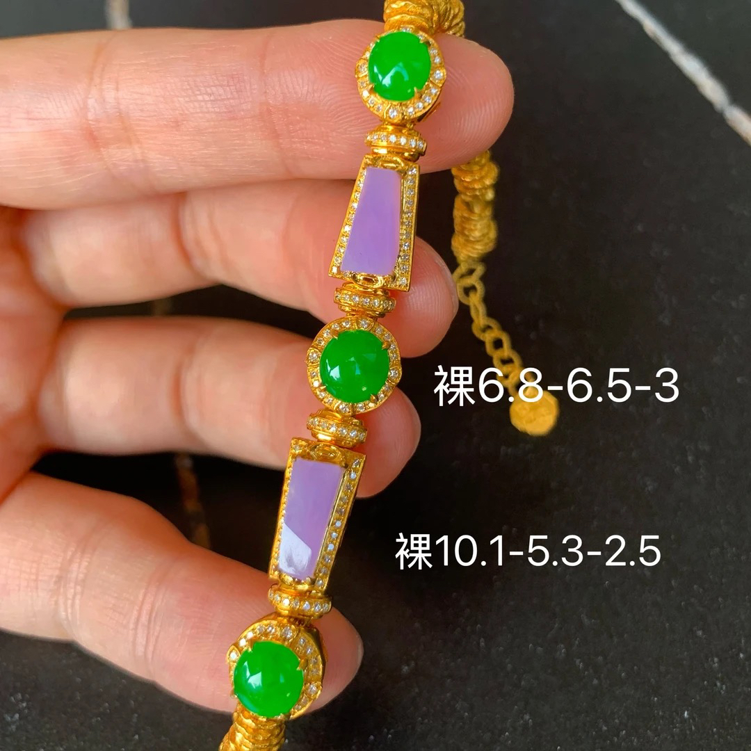 高冰春彩蛋面方糖天然翡翠手链 重金镶嵌 14多克重 