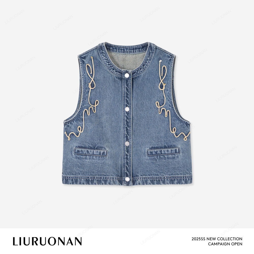 LIURUONAN 25SS 【滕纹马甲】复古小众设计圆领单排扣无袖牛仔上衣