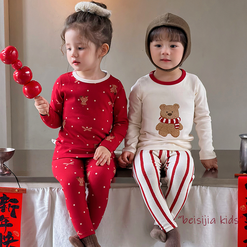 【280克棉】儿童新年款红色秋衣秋裤套装男女童睡衣宝宝打底家居服