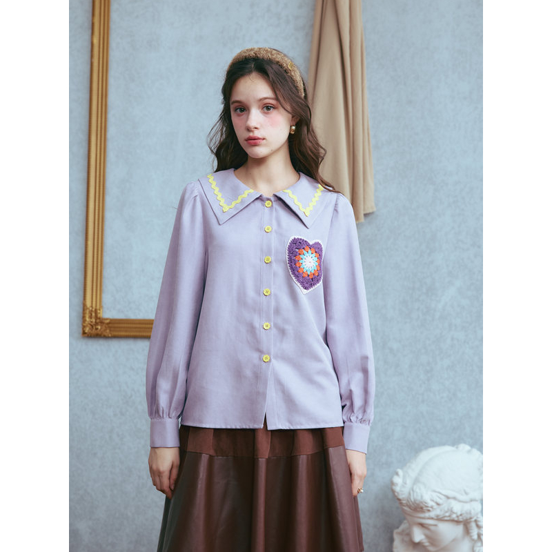 两三事【衬衫】像素花期2025新款森女风手钩花拼接拼色边翻领衬衫