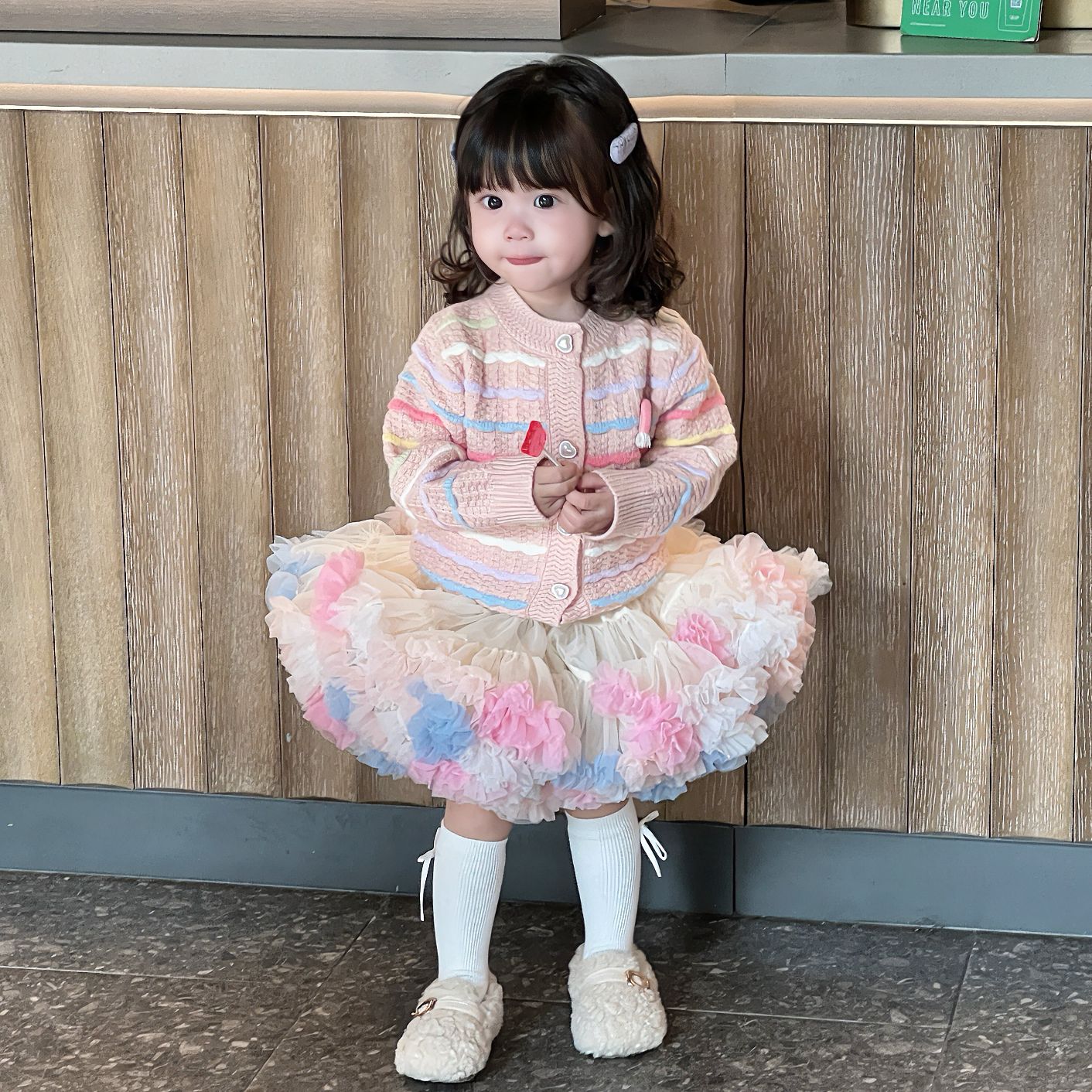 春秋女童tutu裙套装彩虹针织开衫蓬蓬裙韩系公主裙女宝宝毛衣上衣