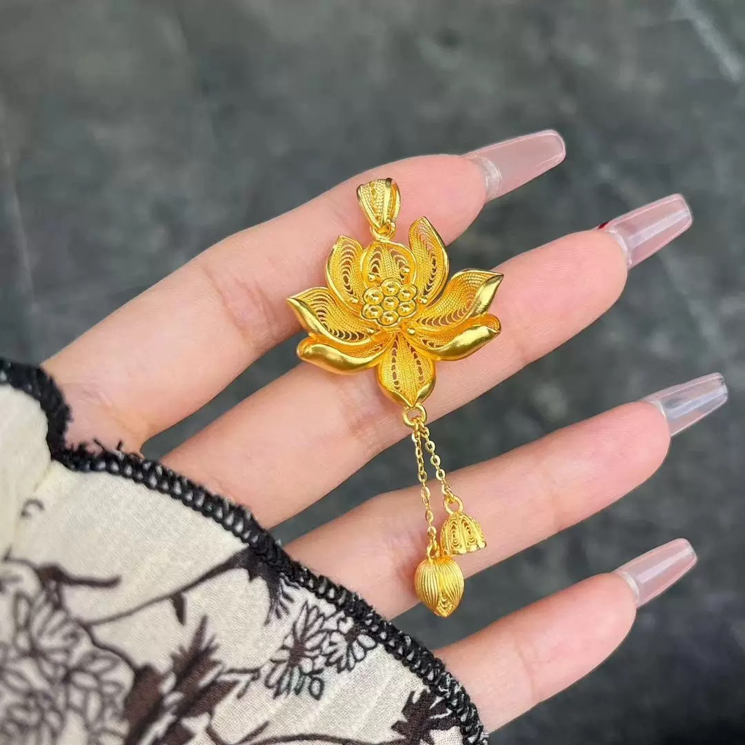 吊坠足银 足银银制品 花丝镂空荷花吊流苏吊坠 足银999【048】