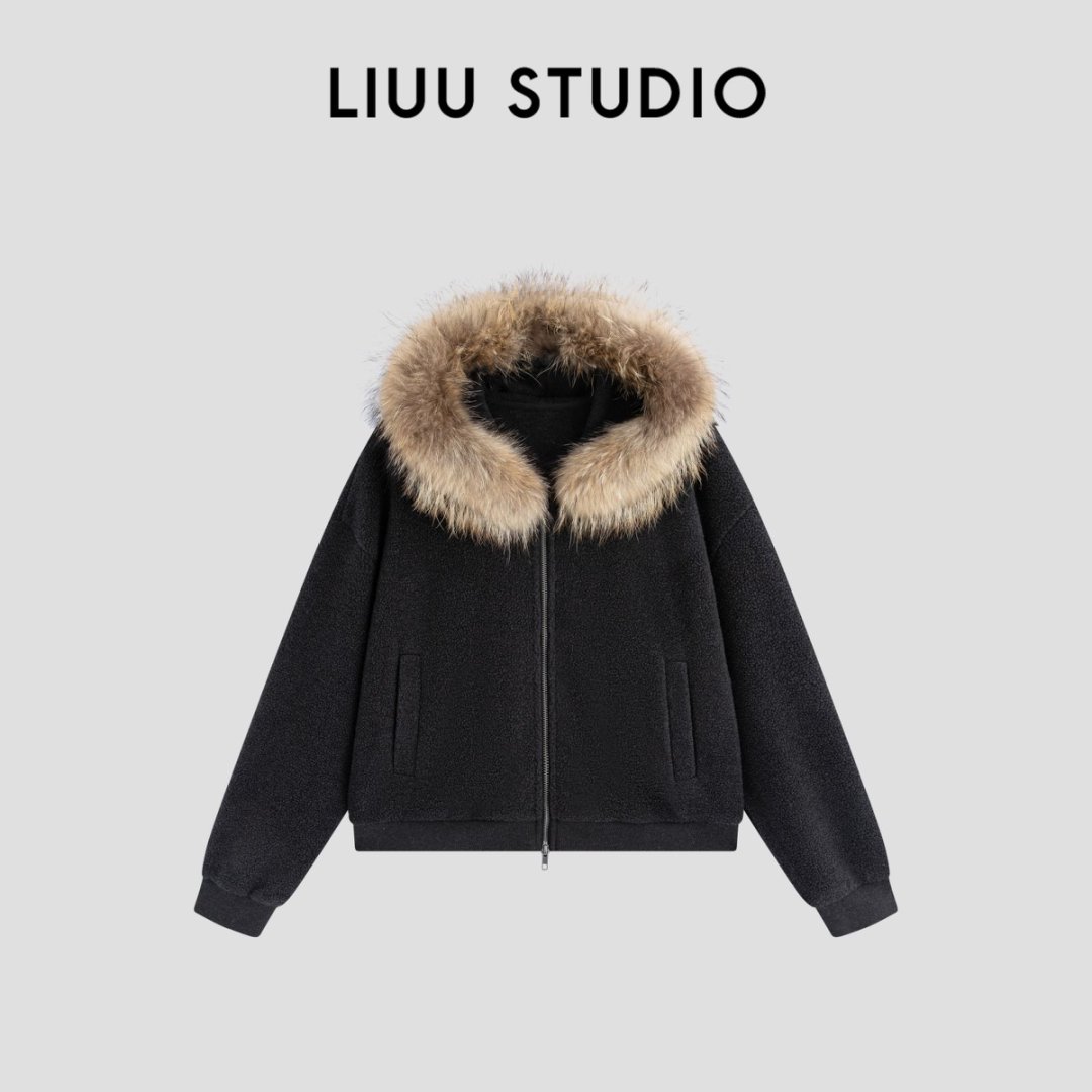 【LIUU】慵懒松弛 | 貉子毛领 黑色蓬松摇粒绒外套