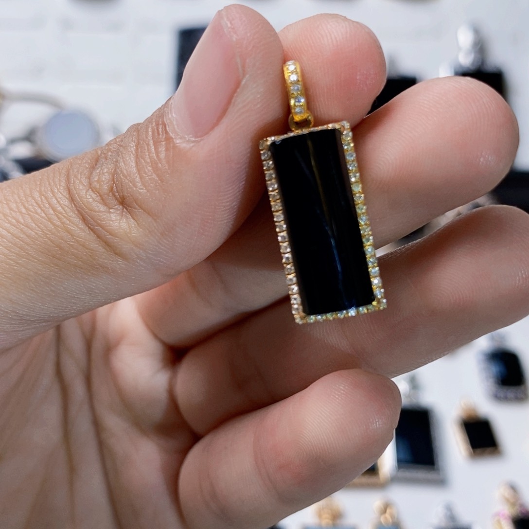 定制翡翠18K金镶嵌墨翠无事柱