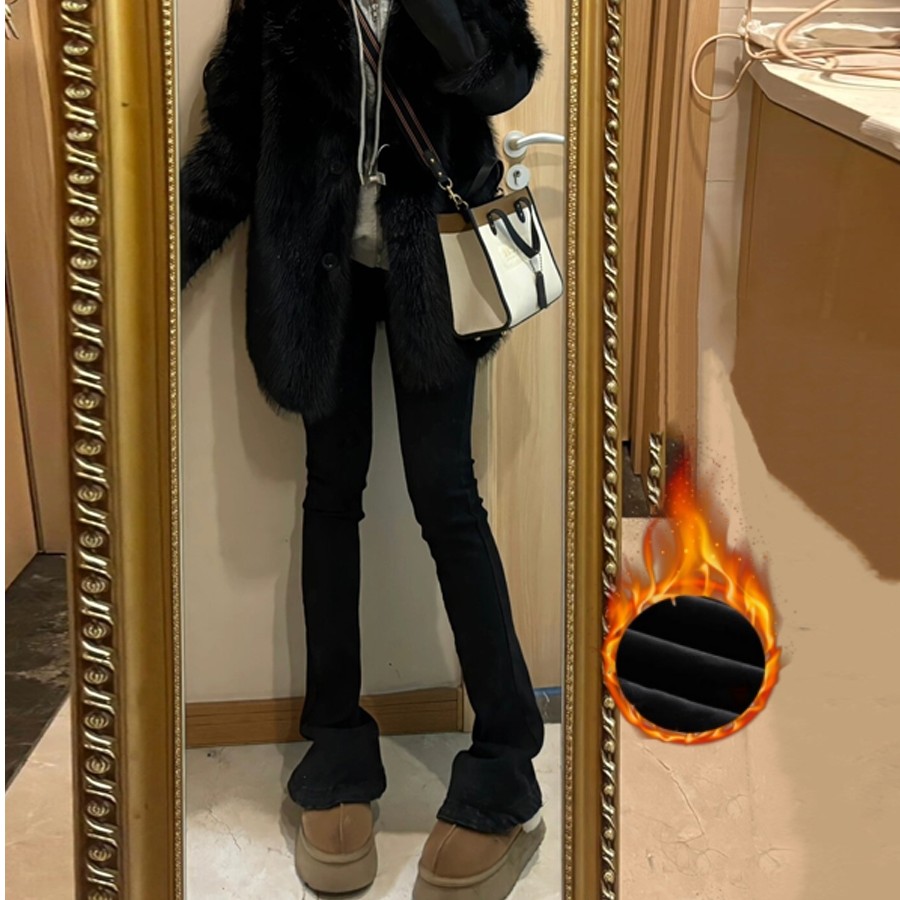 复古韩版黑色牛仔马蹄裤女秋冬加绒高腰修身辣妹喇叭裤超弹显瘦潮