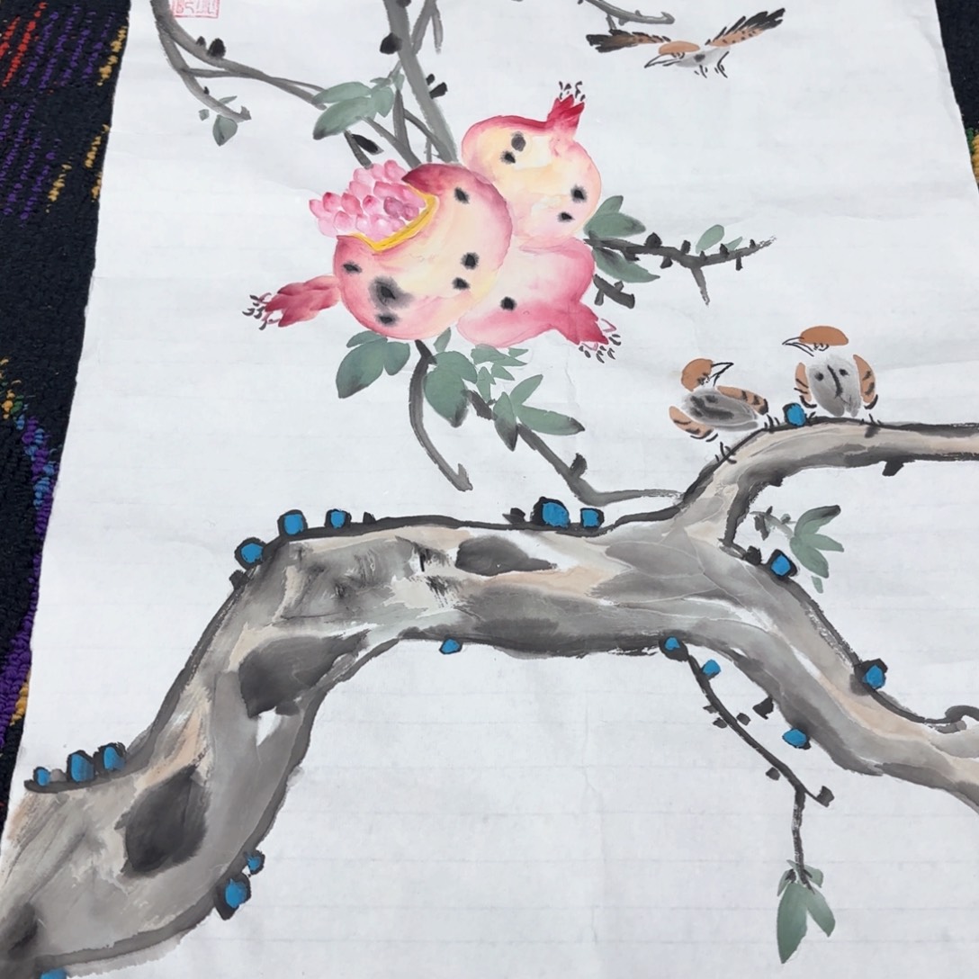 国画张永玲四尺四开花鸟朱