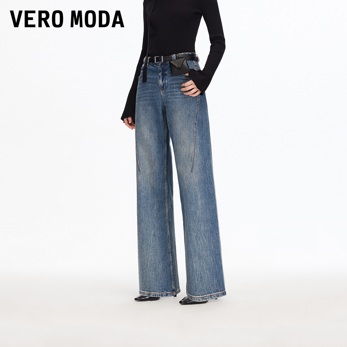 Vero Moda牛仔裤2025秋冬新款含棉腰带小包水洗阔腿裤325432017