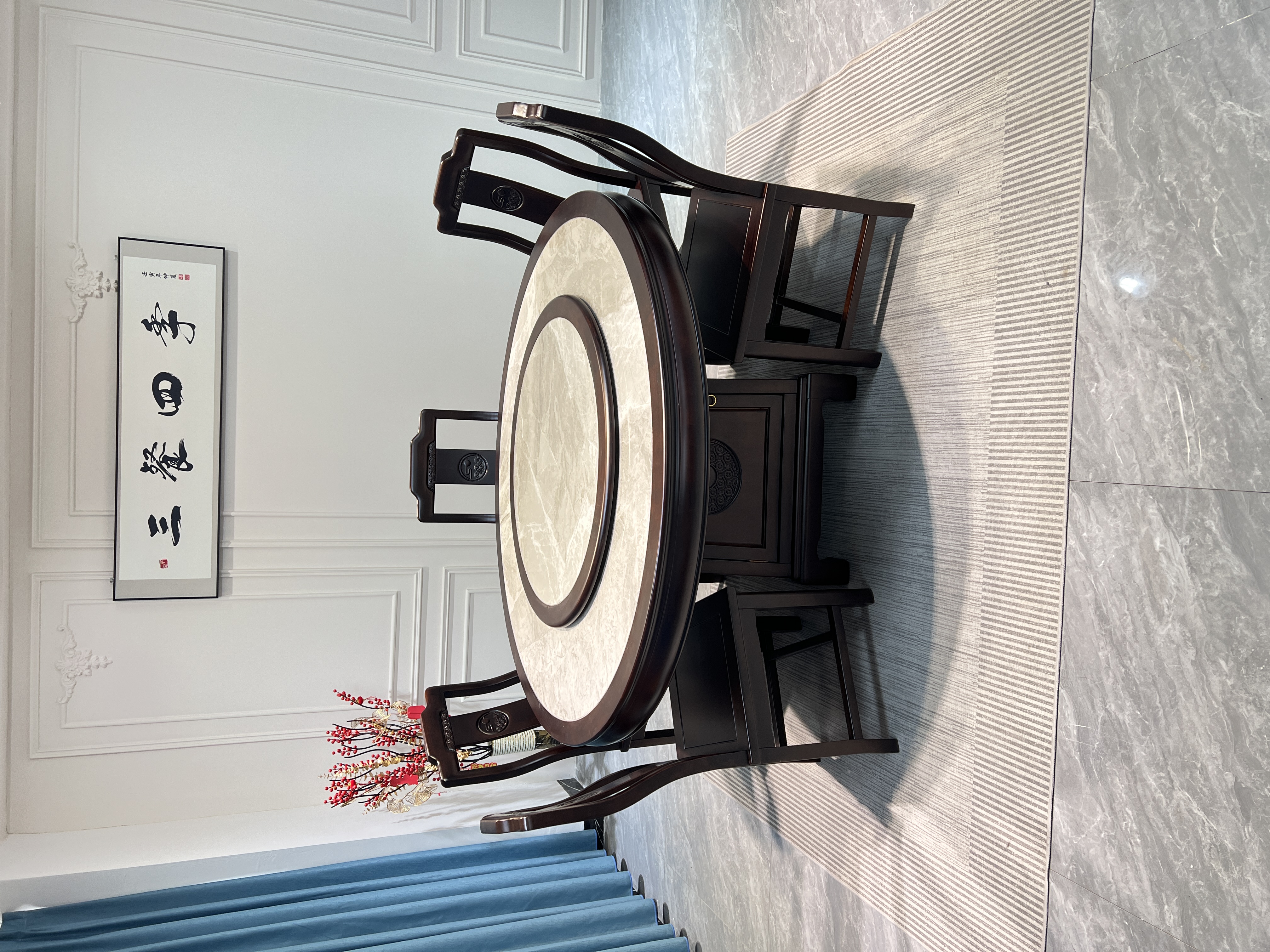 新款新中式实木岩板老虎脚储物款榫卯实木大圆桌餐桌成套家具