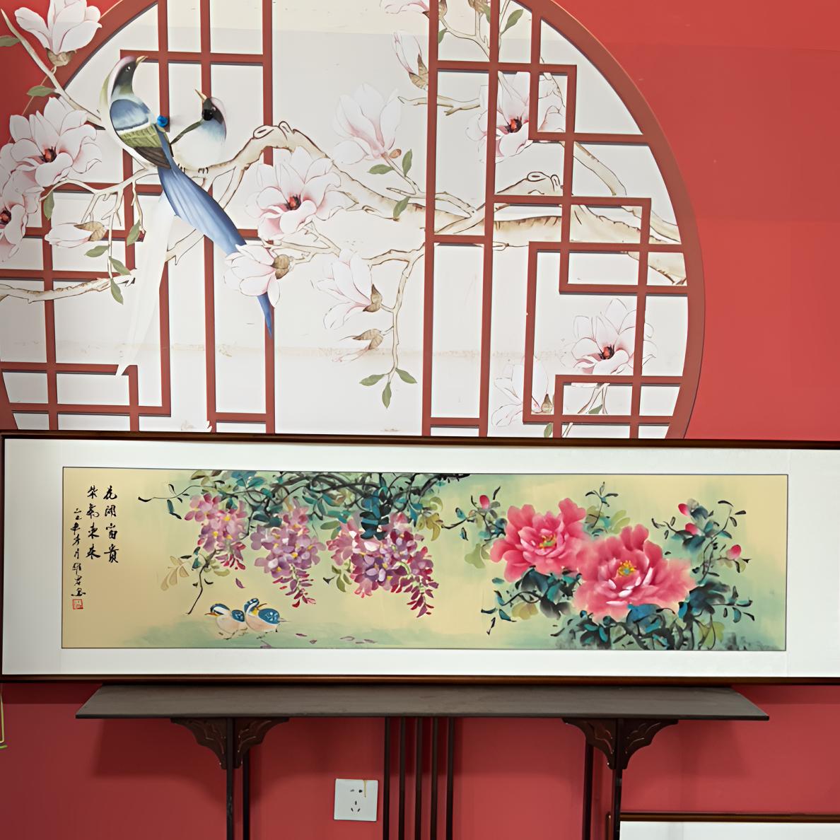 餐厅卧室书房茶室挂画牡丹紫藤外径尺寸47✖️162厘米带框手绘包邮