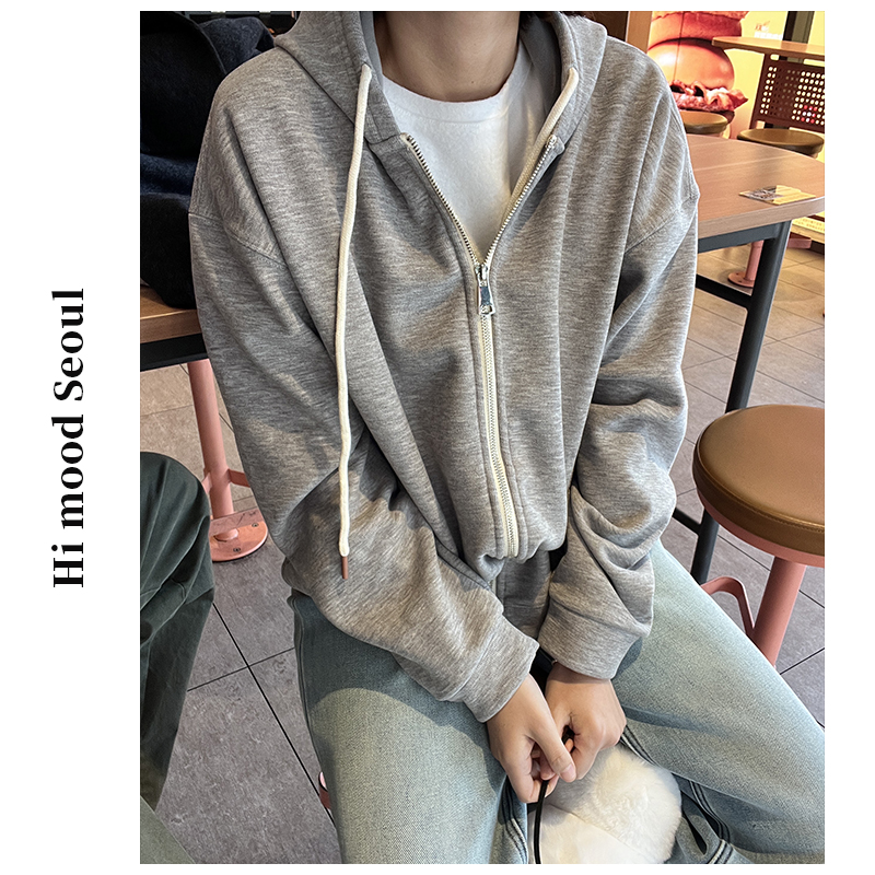 【金恩慧欧尼Hi mood】加绒连帽拉链纯色松弛感开衫卫衣