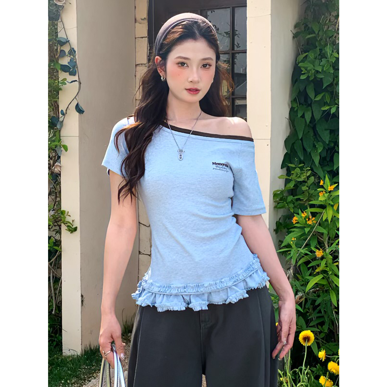 【尔给】夏季爆款可三穿走秀场款拼接撞色假两件刺绣花边T恤女