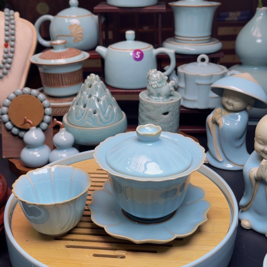 【闪购商品】摆件陶汝州单壶，青，壶，杯，