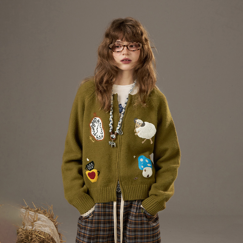 【云c专属】流浪田园2025年秋季新款绵羊毛复古针织外套重工刺