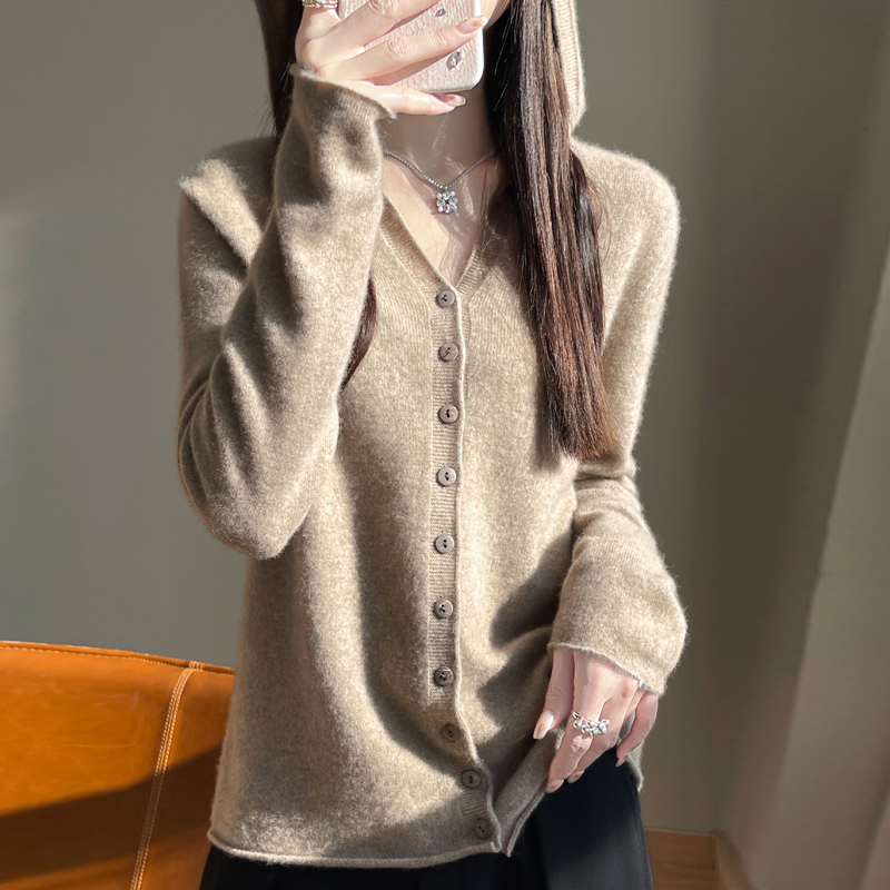 【一线成衣】秋冬新款羊毛连帽纯色针织开衫洋气百搭宽松显瘦设计感