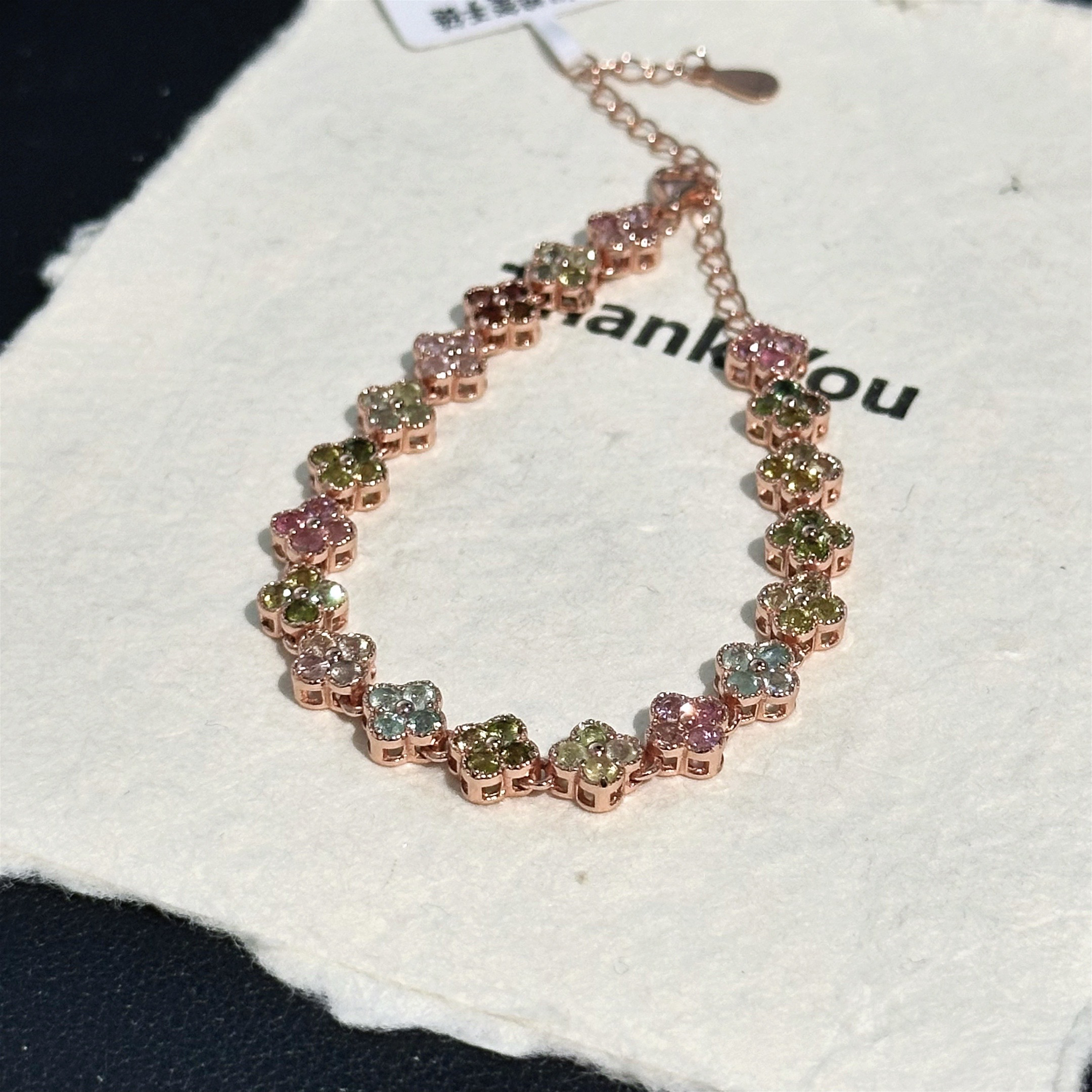 彩色渐变四花碧玺银镶70颗宝石活泼俏皮精致女款手链多样发一