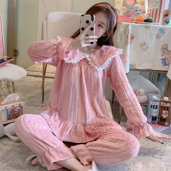 珊瑚绒睡衣女秋冬季加厚保暖套装可外出家居服粉色套装