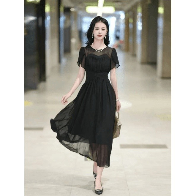 A836时尚气质收腰显瘦连衣裙夏季新款优雅长裙子小黑裙女