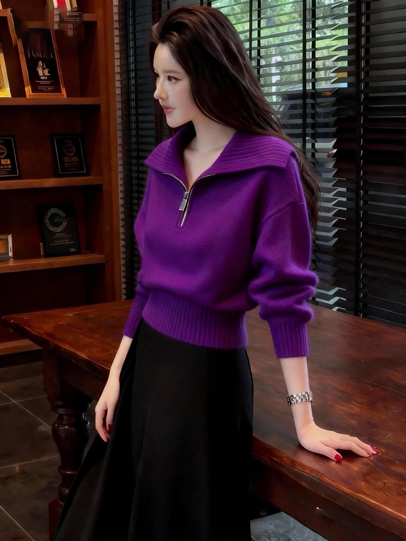 时尚简约设计感紫色翻领毛衣女2025冬季新款宽松慵懒休闲百搭长袖