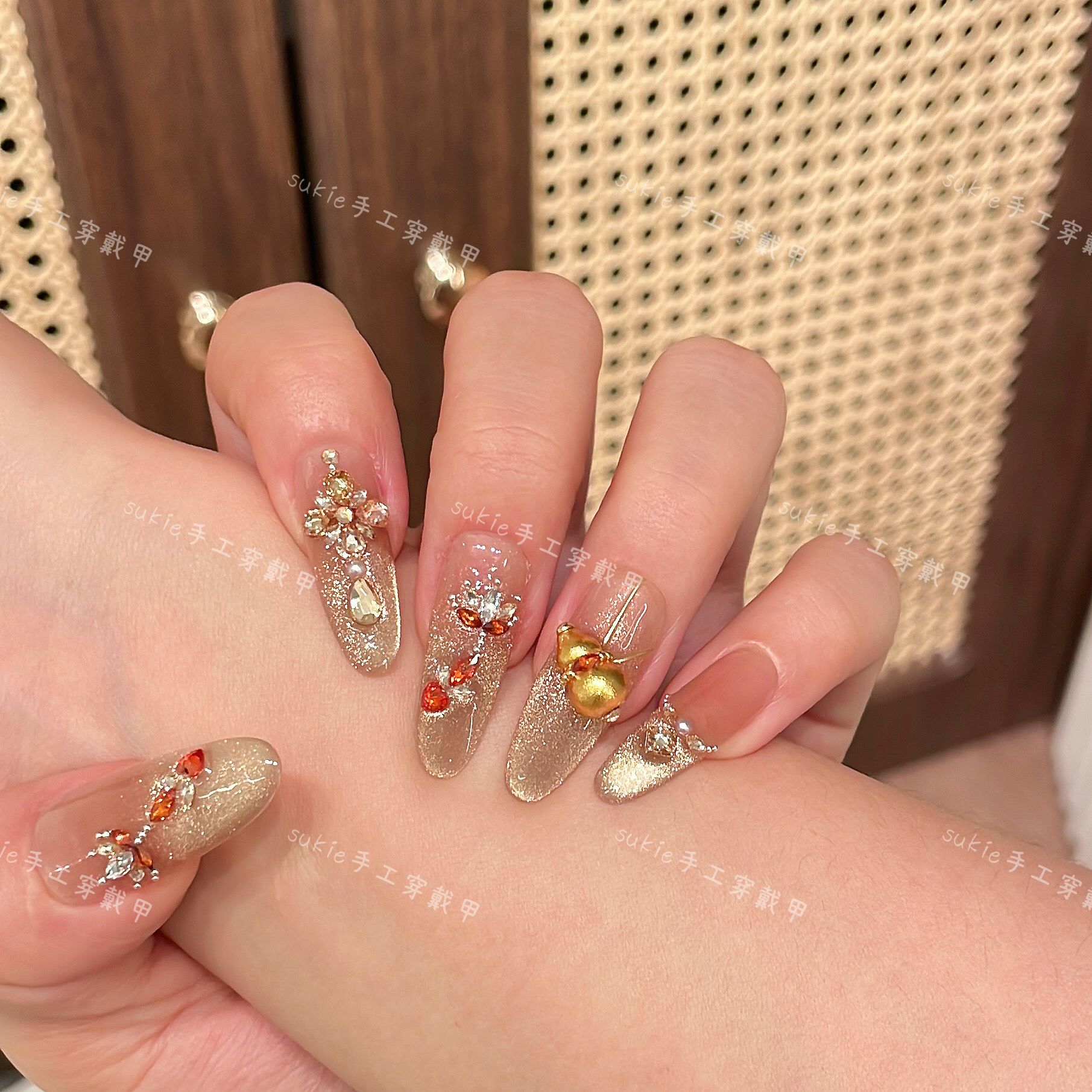 【福禄锦鲤】K9锆石钻发财金葫芦手工穿戴甲香槟猫眼金美甲可拆卸