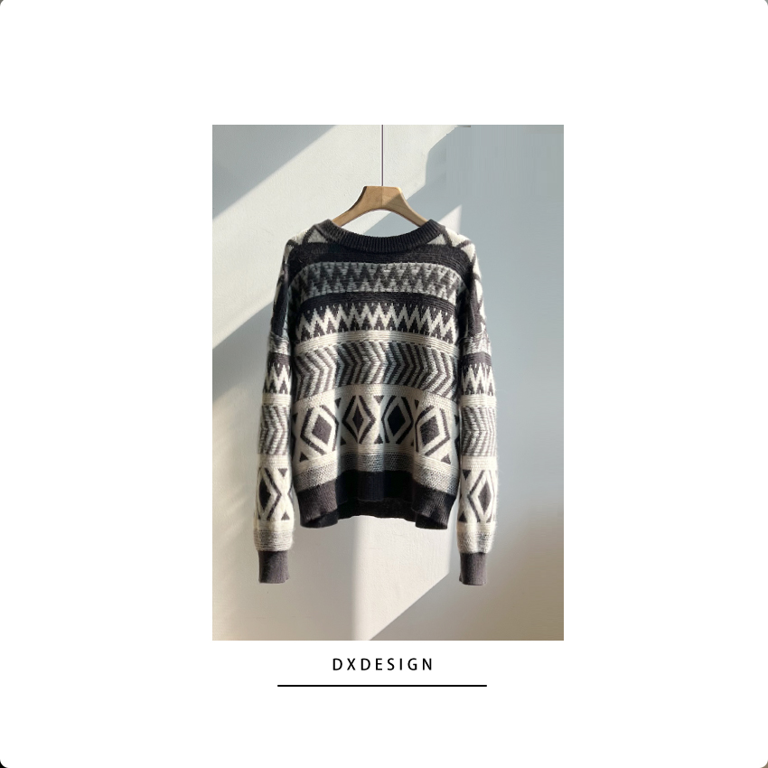 复古慵懒调 绵羊毛+羊驼毛氛围感菱形提花套头宽松蓬松软糯毛衣女