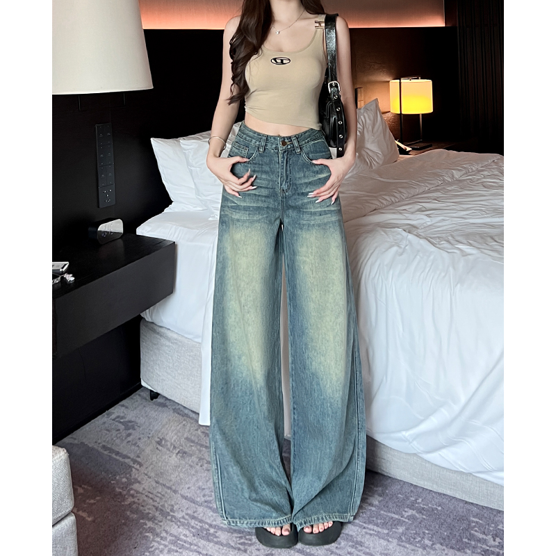 美式水洗复古高腰牛仔裤女2025早秋新款宽松直筒百搭休闲阔腿裤子