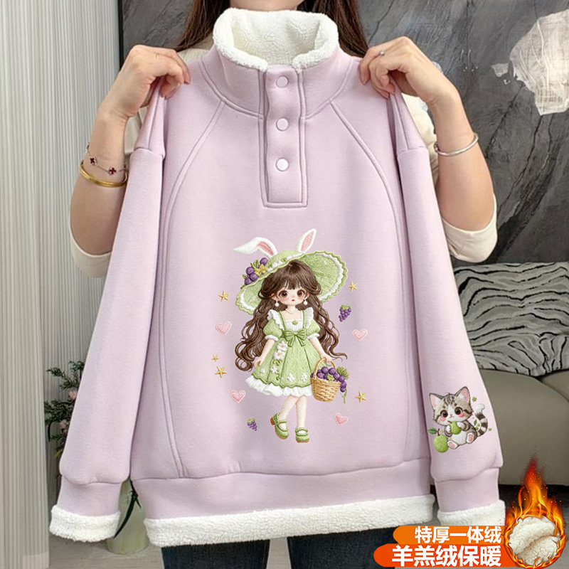 女童2025新款按扣秋冬季保暖羊羔绒洋气时尚中大童百搭立领卫衣
