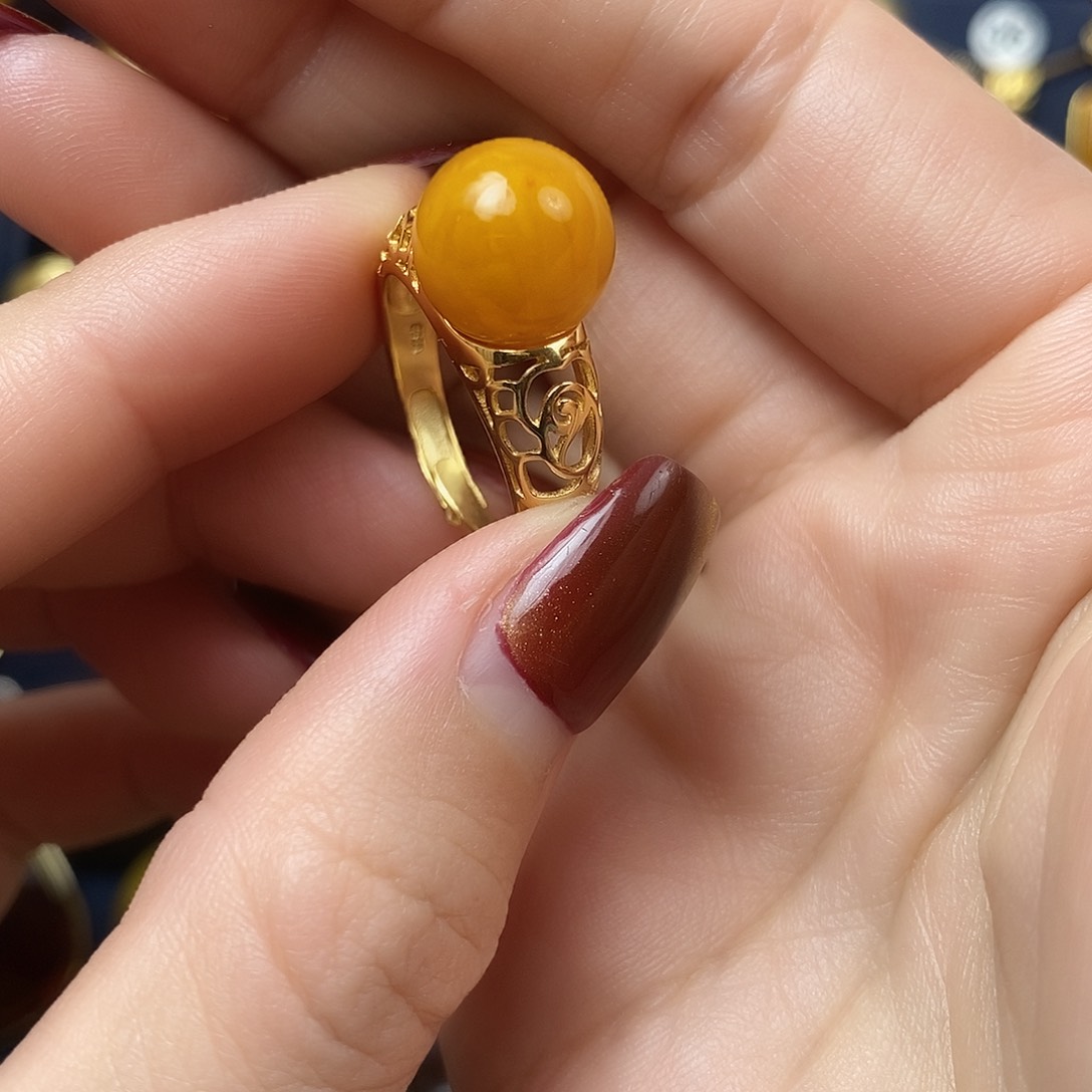 蜜蜡戒指银S925镀金镶嵌