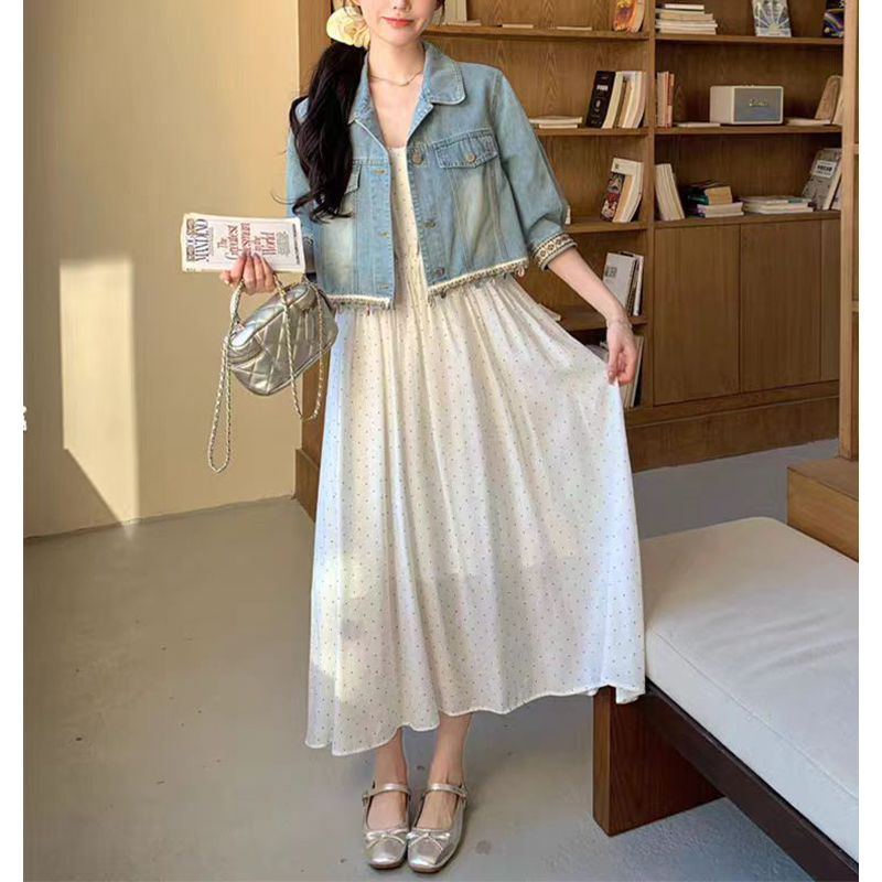 乔（女装）8833 小香风牛仔外套搭配波点吊带连衣裙两件套装
