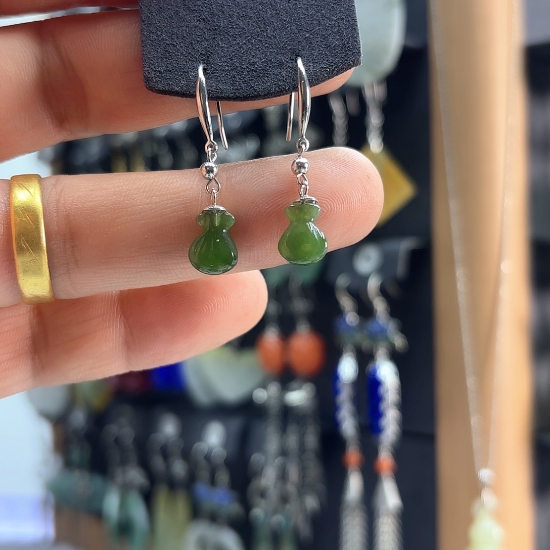 和田玉耳饰银S925镶嵌