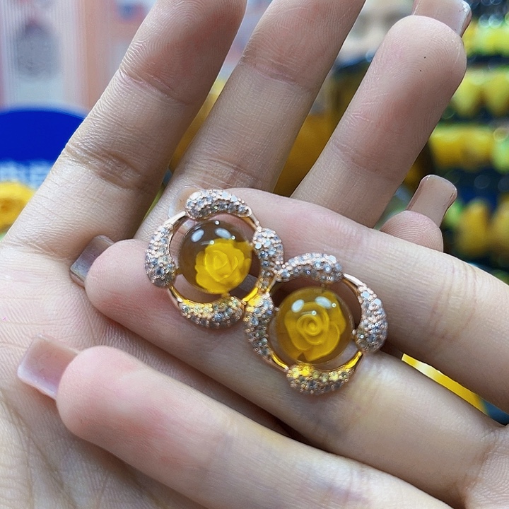 蜜蜡银S925镶嵌裸石耳环