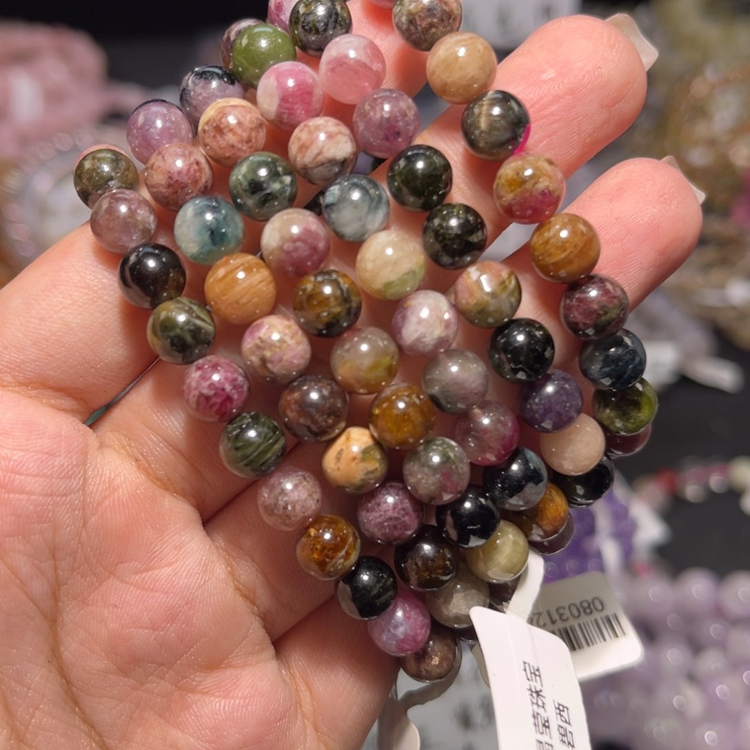 银S925镶嵌手链碧玺7m+老矿彩碧玺